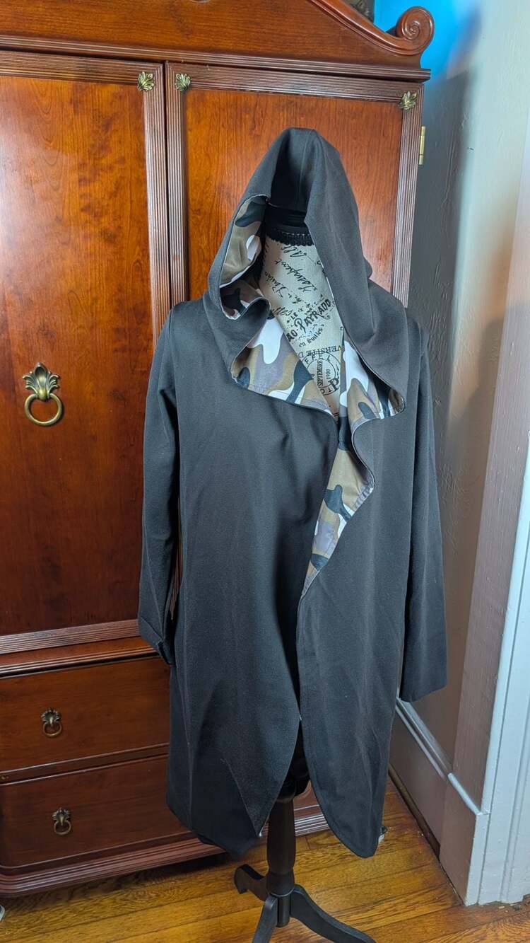 PLANET by Lauren G Camouflage Trim Hooded Open Front Long Duster Coat Jacket